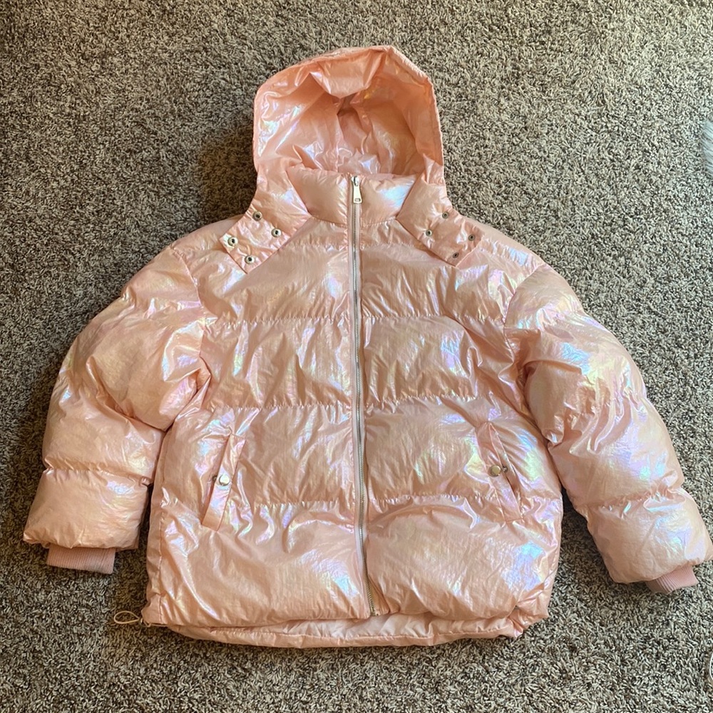 Dolls Kill Iridescent Light Pink Hooded Puffer Jacket